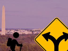 Federal Retirement ; image: road sign and stickman hiking in DC