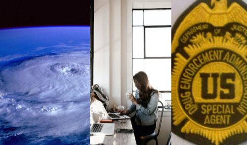 Remote Work Still Prevalent in DC ; image: hurricane, person working from home, and a DEA badge