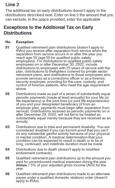 (Part I line 2 of Form 5329), exception to the additional tax on early distributions