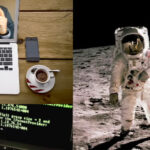 NASA Artemis Missions ; Image: telework meeting, lines of code, and man on moon from apollo 11