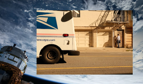 USPS News ; image: Earth's orbit and a mail truck