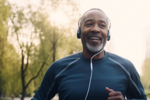 Pay Compression Podcast ; image: older man jogging