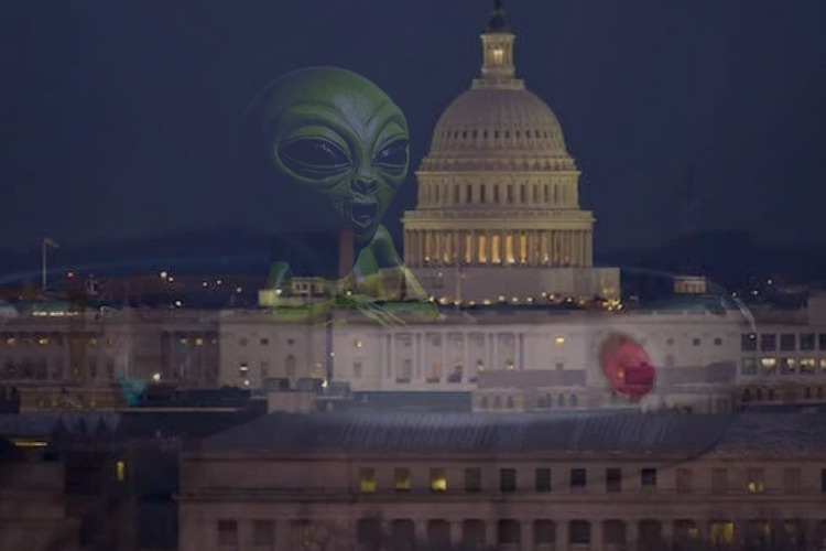 Shutdowns and UFOs fed15 podcast ; image: congress building and an alien