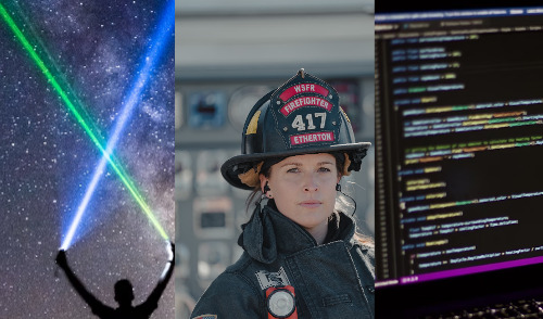 deep space laser ; image: laser, fire woman, and computer code